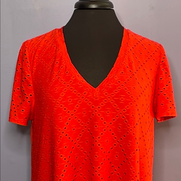 London Times Orange Eyelet Midi Dress with Short Sleeves and V-Neckline Size 12 - Picture 2 of 7